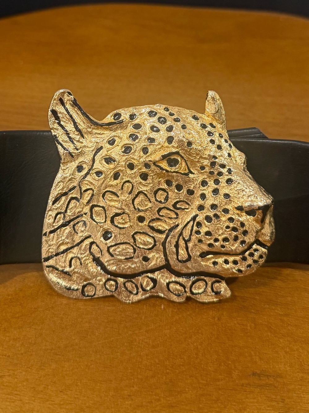 Vintage 1972 Mimi Di N Signed Oversized Gold Tone Leopard Head Belt Buckle Belt